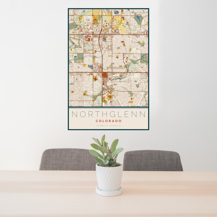 24x36 Northglenn Colorado Map Print Portrait Orientation in Woodblock Style Behind 2 Chairs Table and Potted Plant
