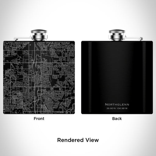 Rendered View of Northglenn Colorado Map Engraving on 6oz Stainless Steel Flask in Black