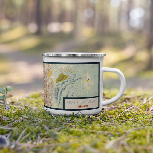 Right View Custom North Las Vegas Nevada Map Enamel Mug in Woodblock on Grass With Trees in Background