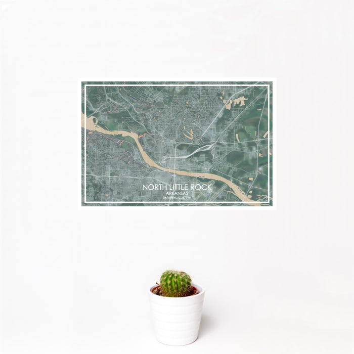 12x18 North Little Rock Arkansas Map Print Landscape Orientation in Afternoon Style With Small Cactus Plant in White Planter