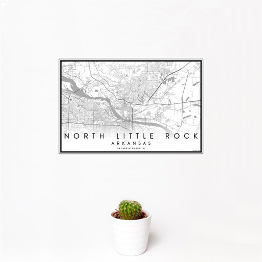 12x18 North Little Rock Arkansas Map Print Landscape Orientation in Classic Style With Small Cactus Plant in White Planter