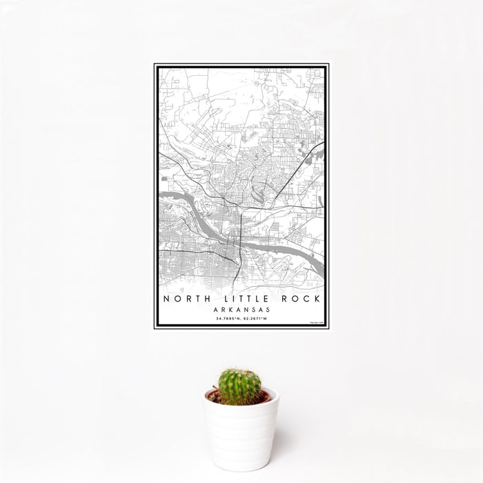 12x18 North Little Rock Arkansas Map Print Portrait Orientation in Classic Style With Small Cactus Plant in White Planter