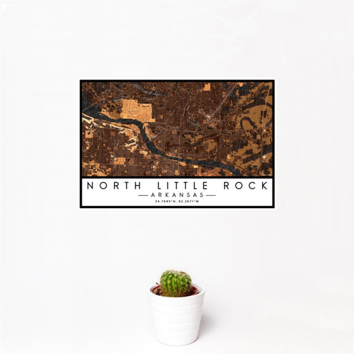 12x18 North Little Rock Arkansas Map Print Landscape Orientation in Ember Style With Small Cactus Plant in White Planter