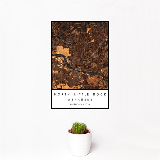 12x18 North Little Rock Arkansas Map Print Portrait Orientation in Ember Style With Small Cactus Plant in White Planter