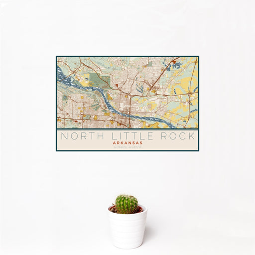 12x18 North Little Rock Arkansas Map Print Landscape Orientation in Woodblock Style With Small Cactus Plant in White Planter