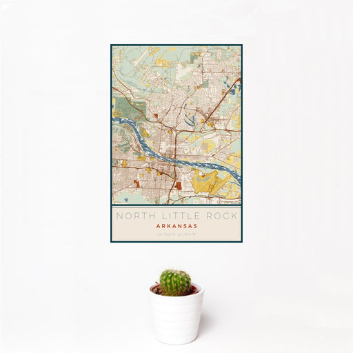 12x18 North Little Rock Arkansas Map Print Portrait Orientation in Woodblock Style With Small Cactus Plant in White Planter