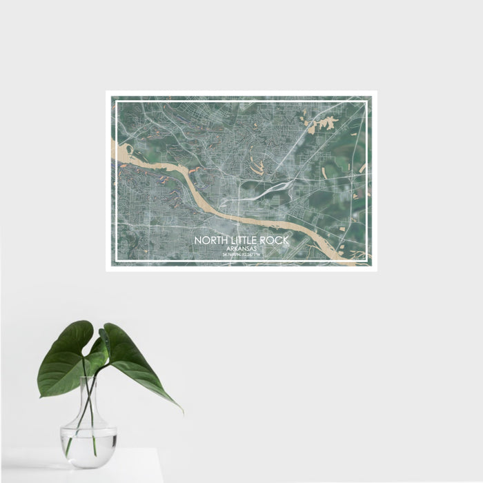 16x24 North Little Rock Arkansas Map Print Landscape Orientation in Afternoon Style With Tropical Plant Leaves in Water