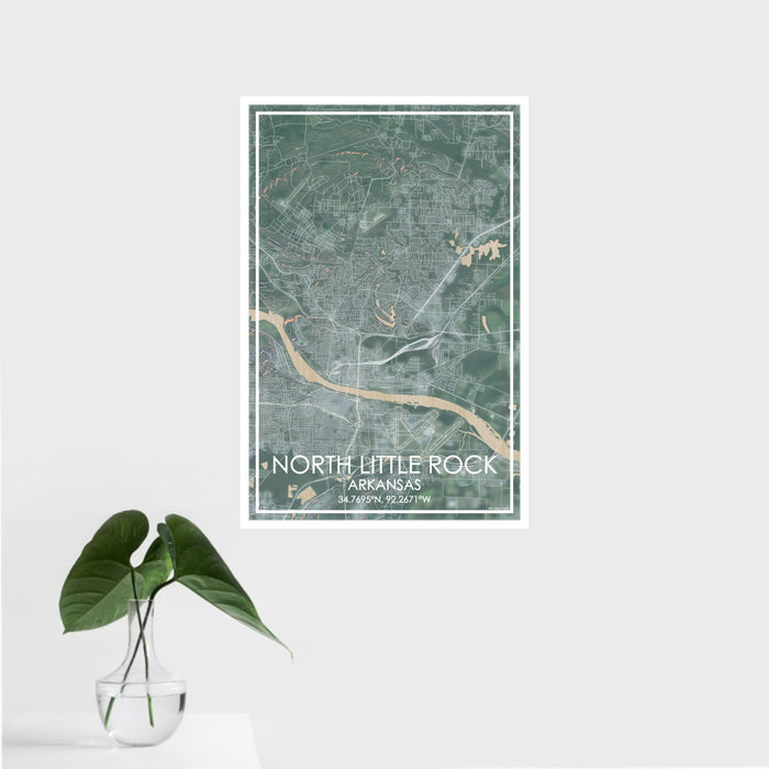 16x24 North Little Rock Arkansas Map Print Portrait Orientation in Afternoon Style With Tropical Plant Leaves in Water
