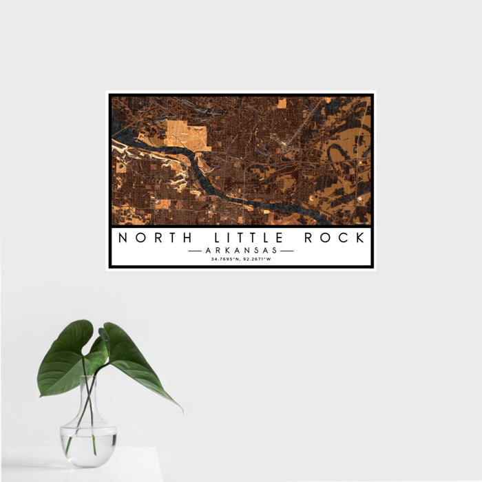16x24 North Little Rock Arkansas Map Print Landscape Orientation in Ember Style With Tropical Plant Leaves in Water