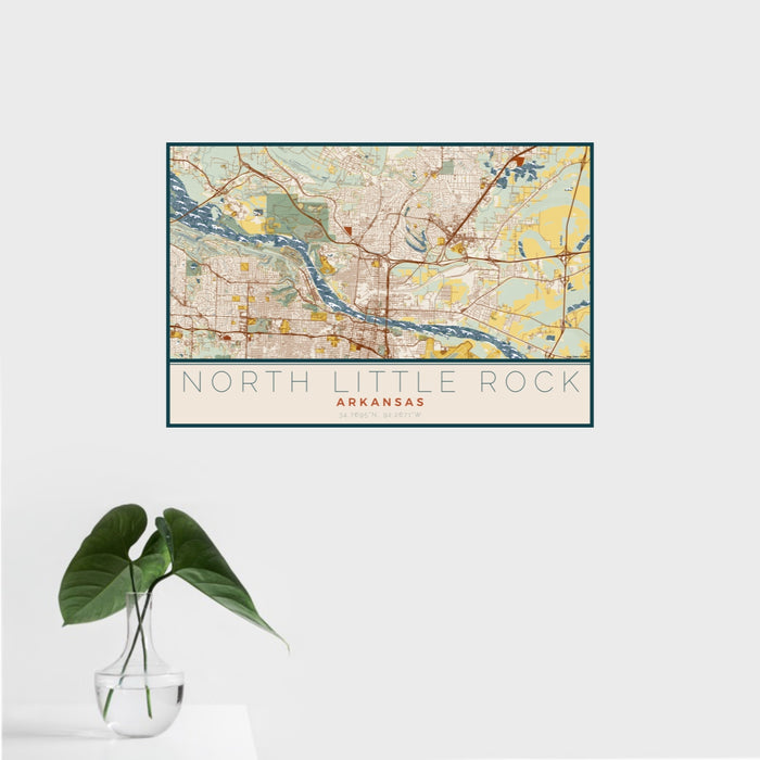 16x24 North Little Rock Arkansas Map Print Landscape Orientation in Woodblock Style With Tropical Plant Leaves in Water