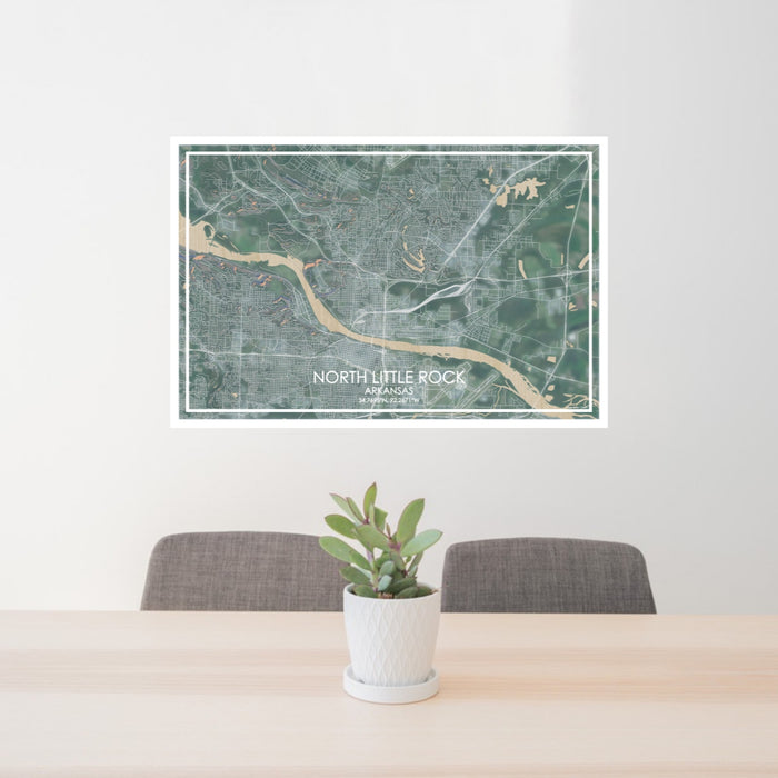 24x36 North Little Rock Arkansas Map Print Lanscape Orientation in Afternoon Style Behind 2 Chairs Table and Potted Plant
