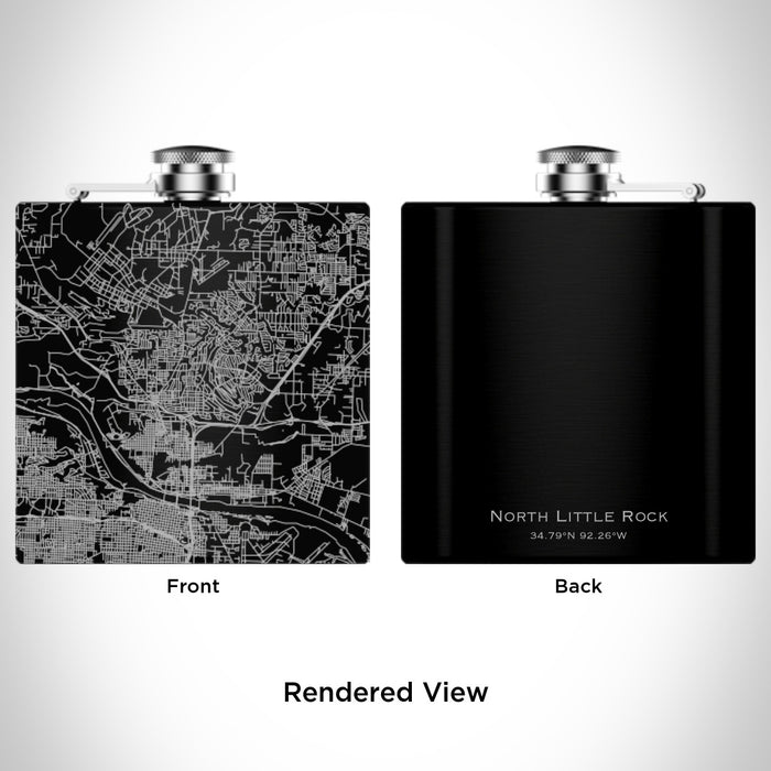 Rendered View of North Little Rock Arkansas Map Engraving on 6oz Stainless Steel Flask in Black