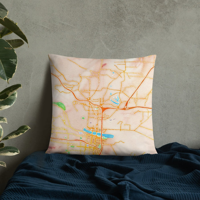 Custom North Little Rock Arkansas Map Throw Pillow in Watercolor on Bedding Against Wall