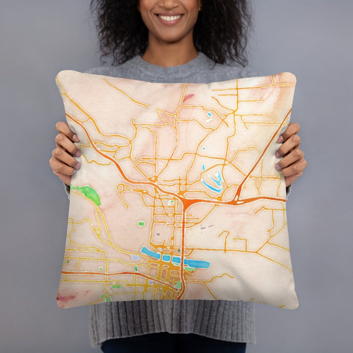 Person holding 18x18 Custom North Little Rock Arkansas Map Throw Pillow in Watercolor