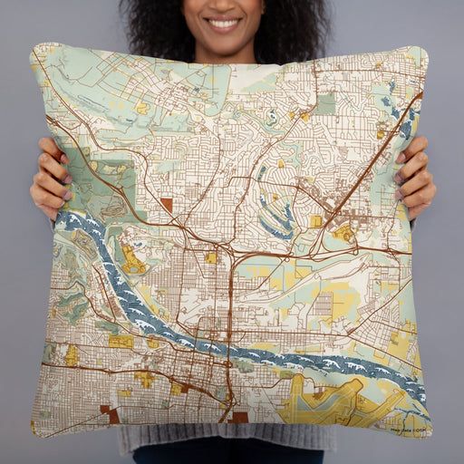 Person holding 22x22 Custom North Little Rock Arkansas Map Throw Pillow in Woodblock