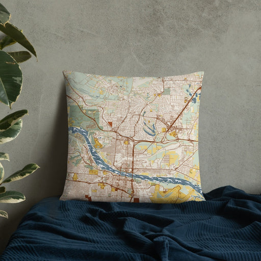 Custom North Little Rock Arkansas Map Throw Pillow in Woodblock on Bedding Against Wall