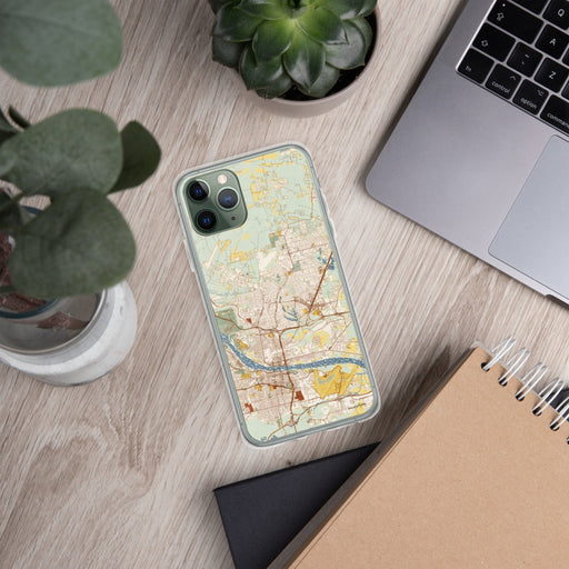 Custom North Little Rock Arkansas Map Phone Case in Woodblock on Table with Laptop and Plant