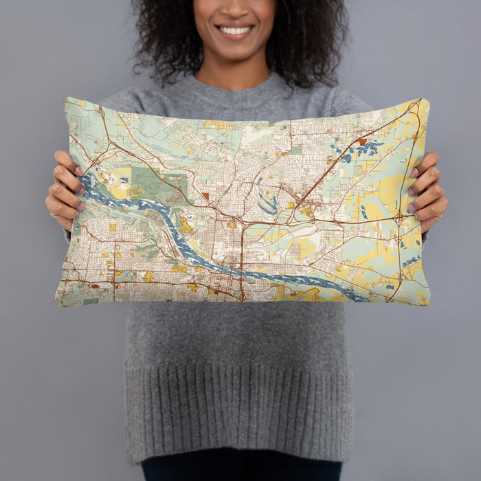 Person holding 20x12 Custom North Little Rock Arkansas Map Throw Pillow in Woodblock
