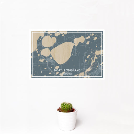 12x18 North Long Lake Minnesota Map Print Landscape Orientation in Afternoon Style With Small Cactus Plant in White Planter