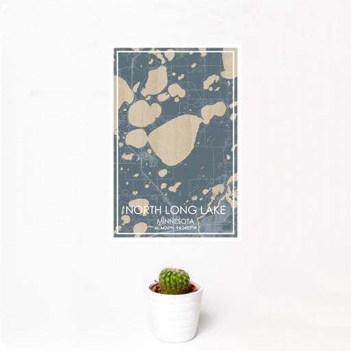12x18 North Long Lake Minnesota Map Print Portrait Orientation in Afternoon Style With Small Cactus Plant in White Planter