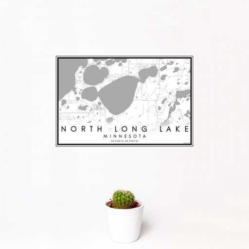 12x18 North Long Lake Minnesota Map Print Landscape Orientation in Classic Style With Small Cactus Plant in White Planter