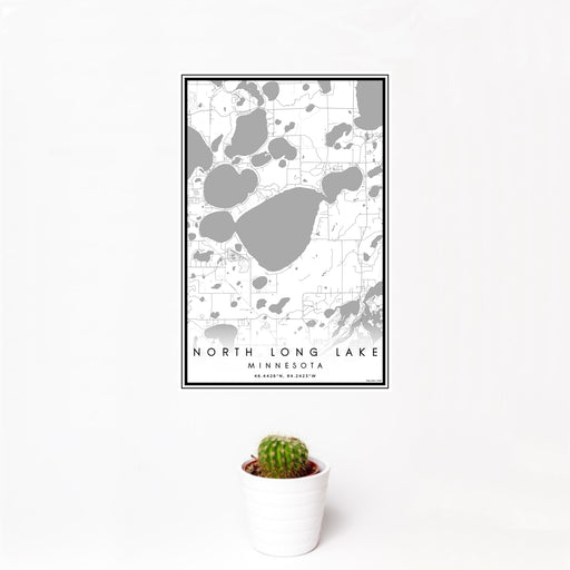 12x18 North Long Lake Minnesota Map Print Portrait Orientation in Classic Style With Small Cactus Plant in White Planter