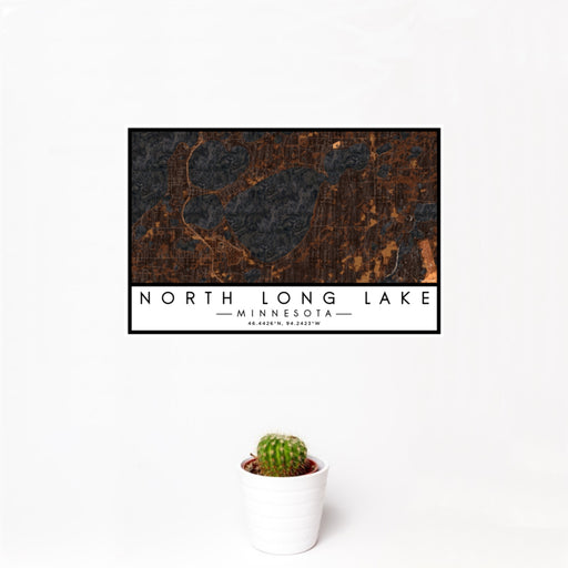 12x18 North Long Lake Minnesota Map Print Landscape Orientation in Ember Style With Small Cactus Plant in White Planter
