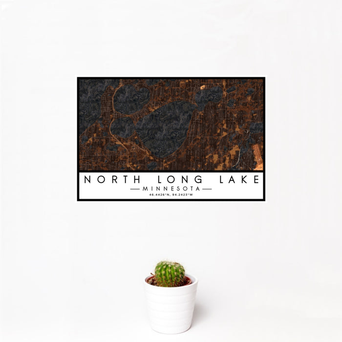12x18 North Long Lake Minnesota Map Print Landscape Orientation in Ember Style With Small Cactus Plant in White Planter