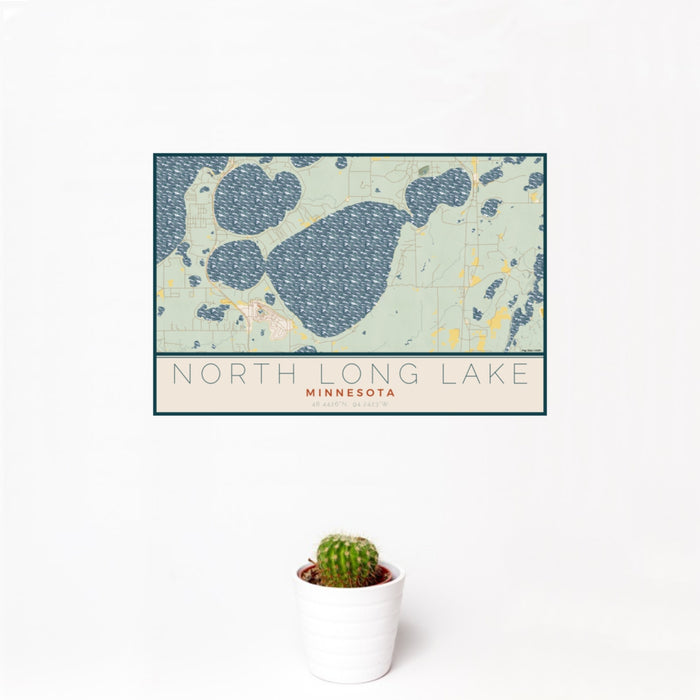 12x18 North Long Lake Minnesota Map Print Landscape Orientation in Woodblock Style With Small Cactus Plant in White Planter