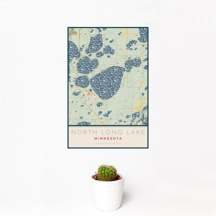 12x18 North Long Lake Minnesota Map Print Portrait Orientation in Woodblock Style With Small Cactus Plant in White Planter