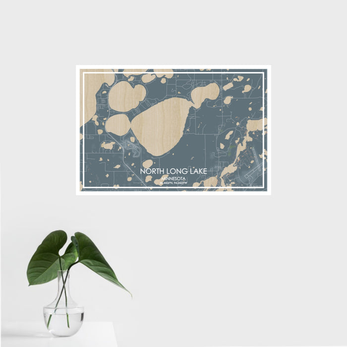 16x24 North Long Lake Minnesota Map Print Landscape Orientation in Afternoon Style With Tropical Plant Leaves in Water