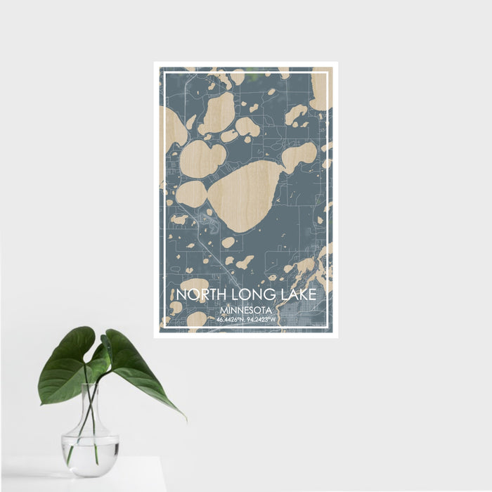 16x24 North Long Lake Minnesota Map Print Portrait Orientation in Afternoon Style With Tropical Plant Leaves in Water