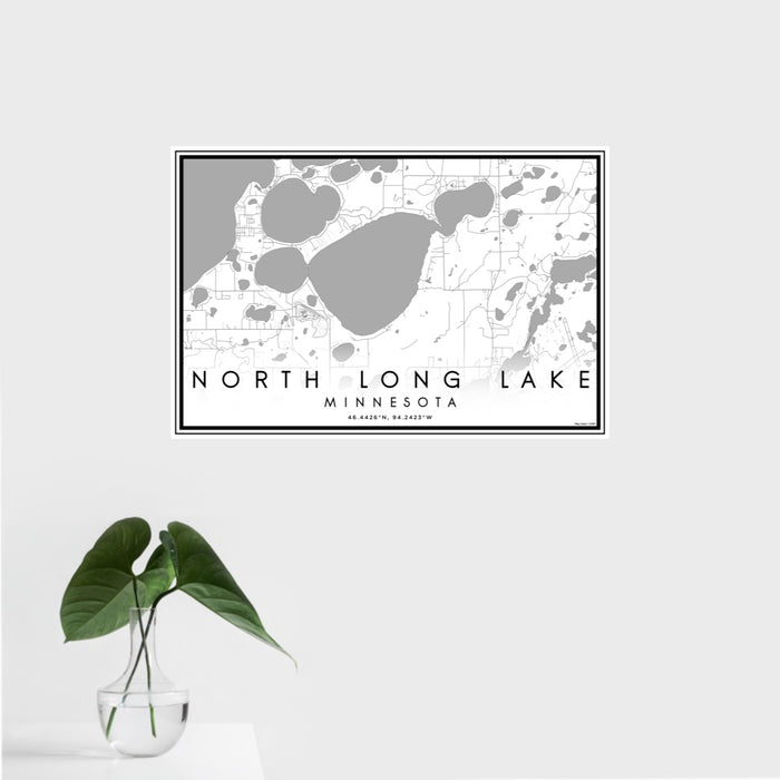 16x24 North Long Lake Minnesota Map Print Landscape Orientation in Classic Style With Tropical Plant Leaves in Water