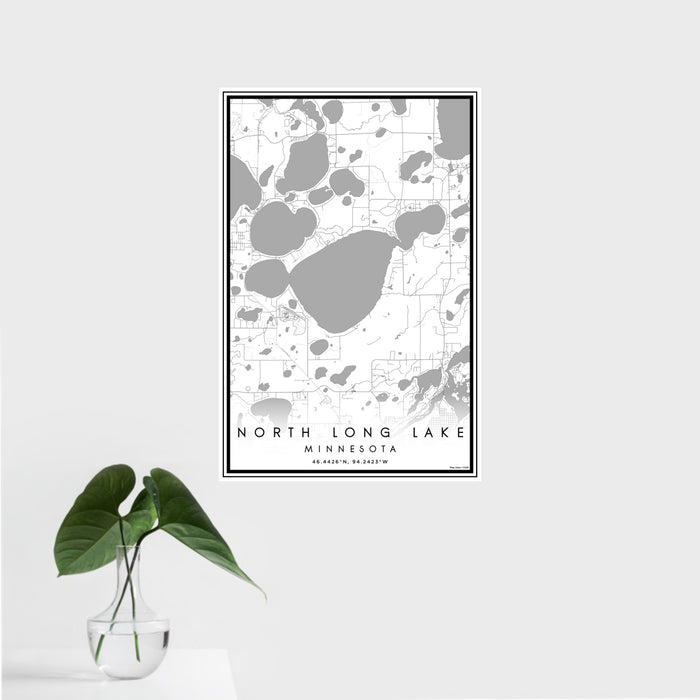 16x24 North Long Lake Minnesota Map Print Portrait Orientation in Classic Style With Tropical Plant Leaves in Water