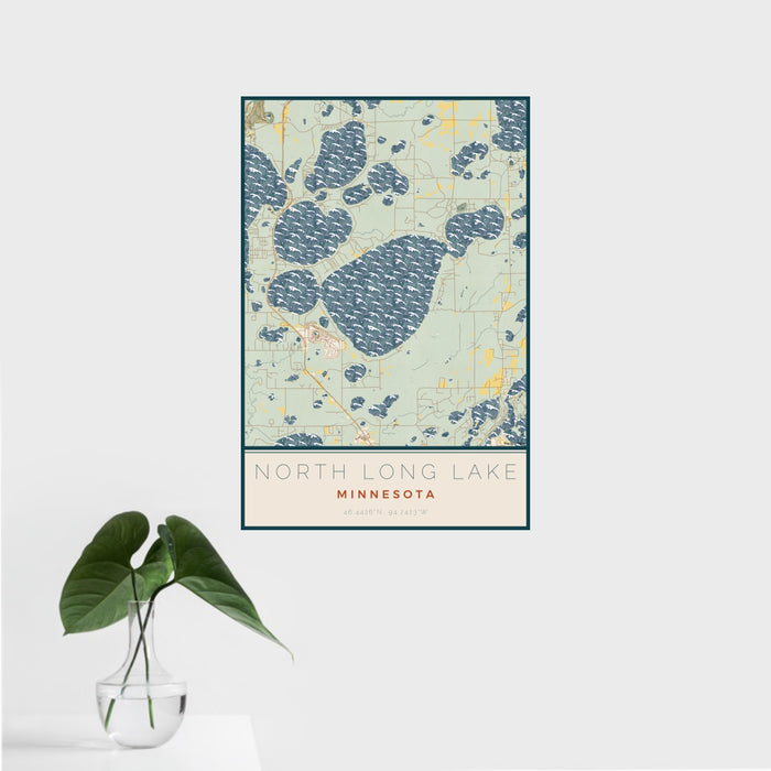 16x24 North Long Lake Minnesota Map Print Portrait Orientation in Woodblock Style With Tropical Plant Leaves in Water