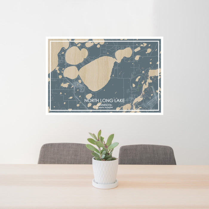 24x36 North Long Lake Minnesota Map Print Lanscape Orientation in Afternoon Style Behind 2 Chairs Table and Potted Plant