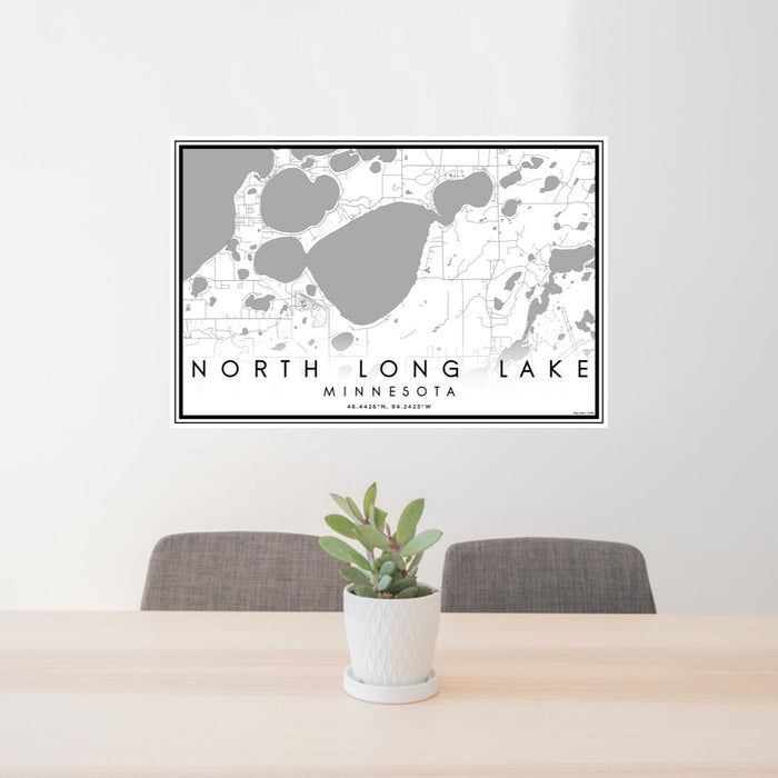 24x36 North Long Lake Minnesota Map Print Lanscape Orientation in Classic Style Behind 2 Chairs Table and Potted Plant