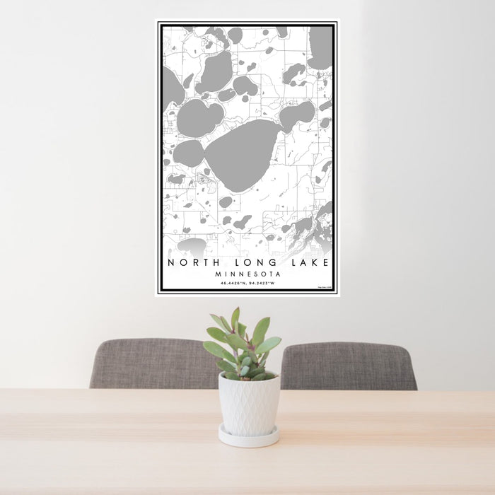 24x36 North Long Lake Minnesota Map Print Portrait Orientation in Classic Style Behind 2 Chairs Table and Potted Plant