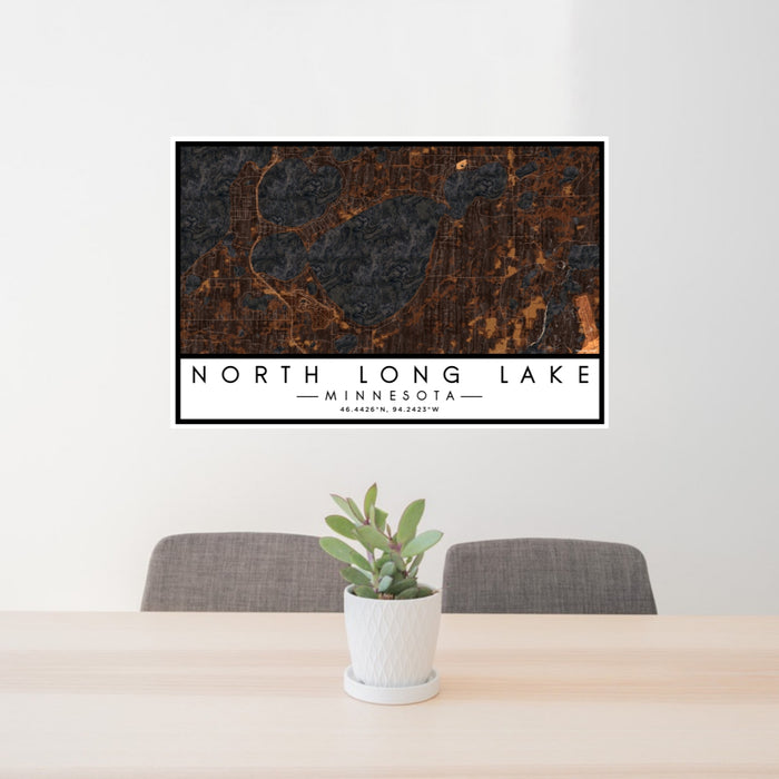 24x36 North Long Lake Minnesota Map Print Lanscape Orientation in Ember Style Behind 2 Chairs Table and Potted Plant
