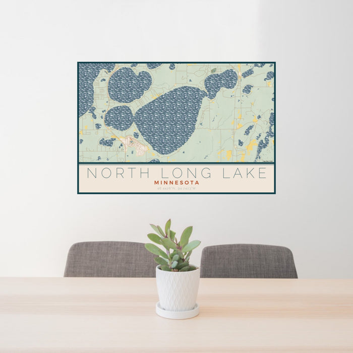 24x36 North Long Lake Minnesota Map Print Lanscape Orientation in Woodblock Style Behind 2 Chairs Table and Potted Plant