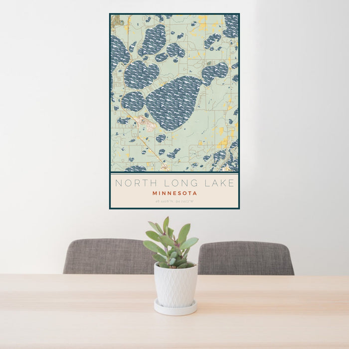 24x36 North Long Lake Minnesota Map Print Portrait Orientation in Woodblock Style Behind 2 Chairs Table and Potted Plant