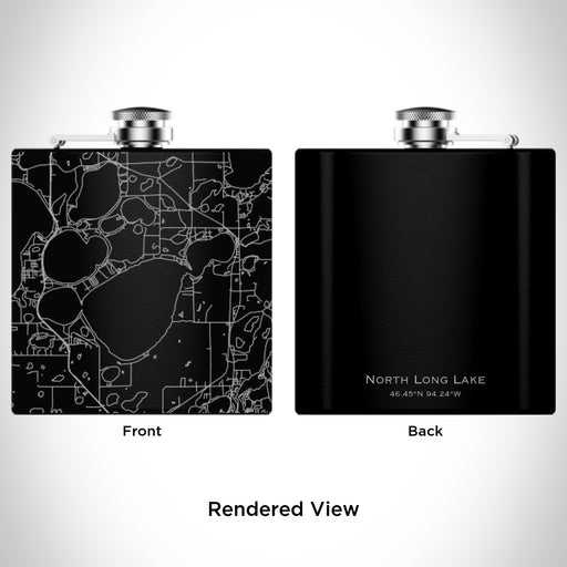 Rendered View of North Long Lake Minnesota Map Engraving on 6oz Stainless Steel Flask in Black