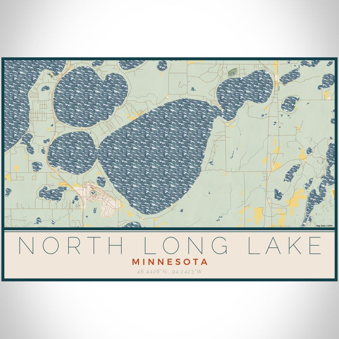 North Long Lake Minnesota Map Print Landscape Orientation in Woodblock Style With Shaded Background
