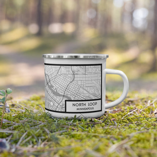 Right View Custom North Loop Minneapolis Map Enamel Mug in Classic on Grass With Trees in Background