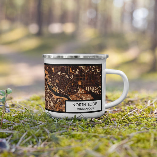 Right View Custom North Loop Minneapolis Map Enamel Mug in Ember on Grass With Trees in Background