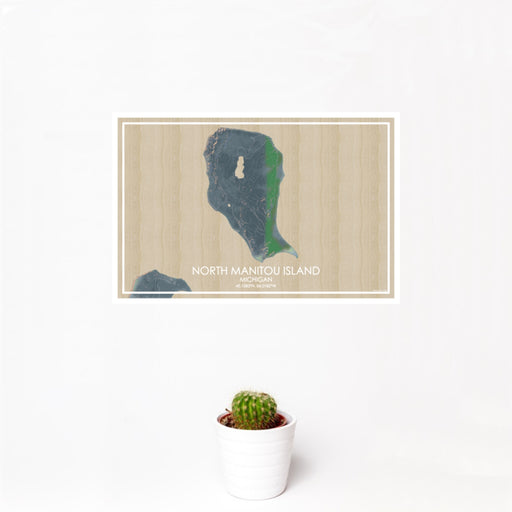 12x18 North Manitou Island Michigan Map Print Landscape Orientation in Afternoon Style With Small Cactus Plant in White Planter