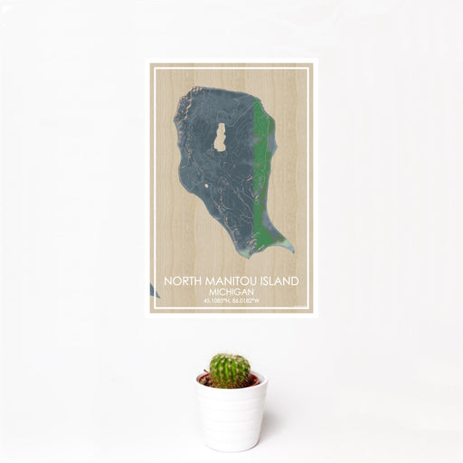 12x18 North Manitou Island Michigan Map Print Portrait Orientation in Afternoon Style With Small Cactus Plant in White Planter