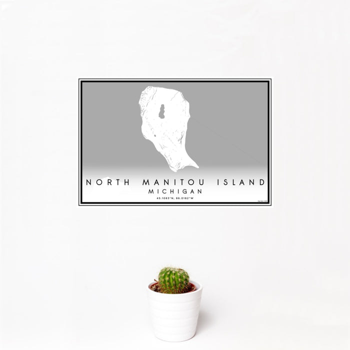 12x18 North Manitou Island Michigan Map Print Landscape Orientation in Classic Style With Small Cactus Plant in White Planter