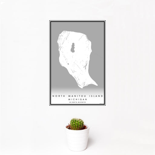 12x18 North Manitou Island Michigan Map Print Portrait Orientation in Classic Style With Small Cactus Plant in White Planter