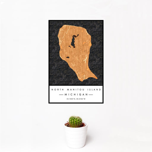 12x18 North Manitou Island Michigan Map Print Portrait Orientation in Ember Style With Small Cactus Plant in White Planter